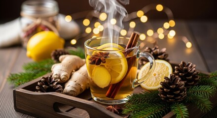 Hot lemon ginger tea with spices and Christmas decorations in rustic setting  
