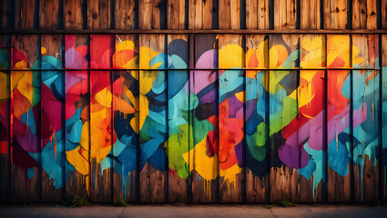 Colorful Graffiti Art on a Weathered Wooden Fence with Dripping Paint mural vibrant