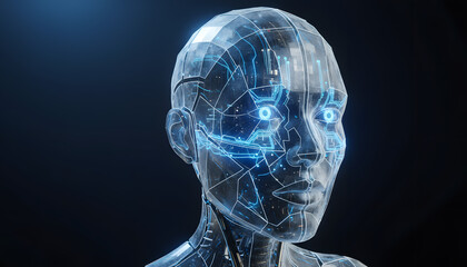 Futuristic Glass AI Robot Face on Dark Gradient Background