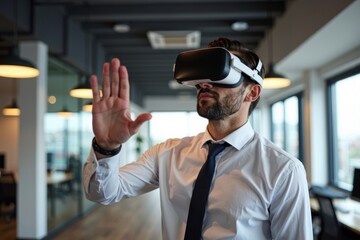 Modern office businessperson using virtual reality headset