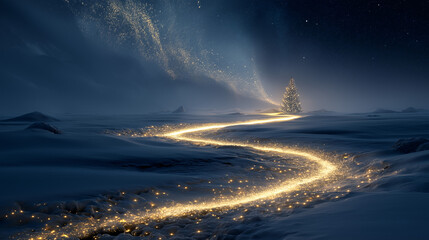 A magical trail of golden fairy lights snakes through a serene snowy landscape, leading to a beautifully lit Christmas tree under a starry sky
