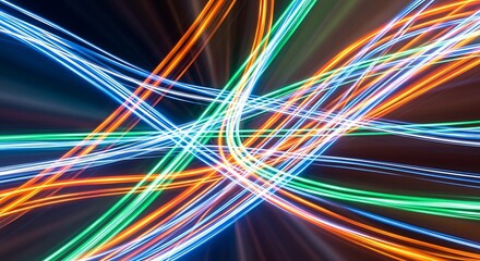 Abstract artwork featuring vibrant, flowing light trails, creating a dynamic and colorful visual display.