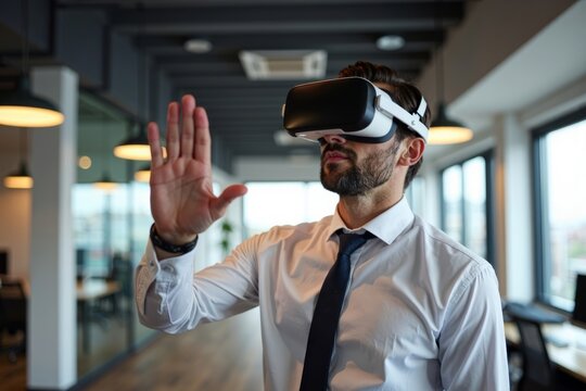 Modern office businessperson using virtual reality headset