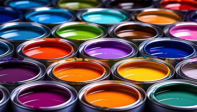 paint cans arranged in a row offering a diverse spectrum of vibrant colors each can is filled to the brim with colorful paint creating a visually appealing display