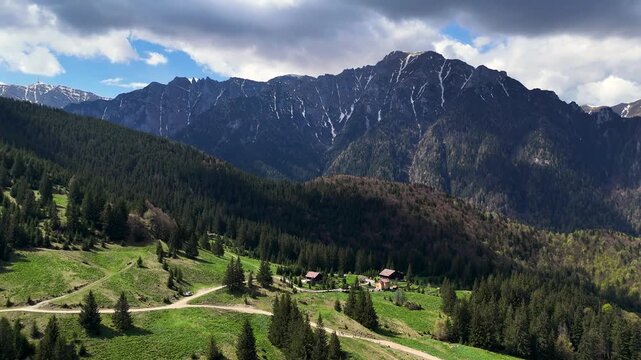 Bucegi Mountains Carpathian landscape aerial view in Romania