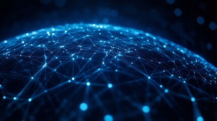 Closeup of a glowing blue digital sphere with interconnected nodes