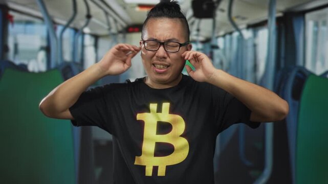 Young chinese man wearing black bitcoin t shirt plugs fingers into ears aboard a crowded bus on street; frustration protest.