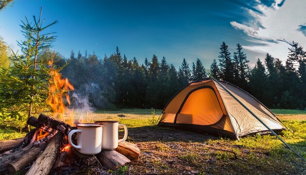 cozy campsite in a forest with two mugs a tent and a campfire under a blue sky