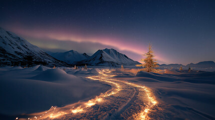 A winding path of golden fairy lights illuminates the pristine snow, creating a warm and enchanting atmosphere. The soft glow contrasts beautifully against the majestic mountains at dusk