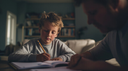 Parent helping child with homework at home, soft evening light, documentary realism, gentle tone