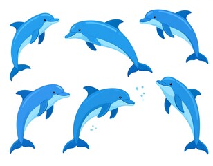 Fototapeta premium A group of cartoon dolphins swimming and jumping, set against a white background