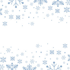 Winter snowflake border background with blue snowflakes and stars on white. Perfect for holiday, seasonal, Christmas, festive, greeting card, and decorative design projects on stock photo websites.