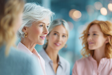 Senior businesswoman leading team meeting in modern office. Blurred background of younger workers. Concept image of business.