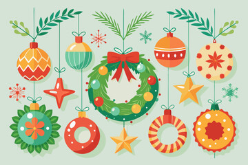 Vector christmas ornaments and wreath hanging, festive holiday decoration, seasonal celebration