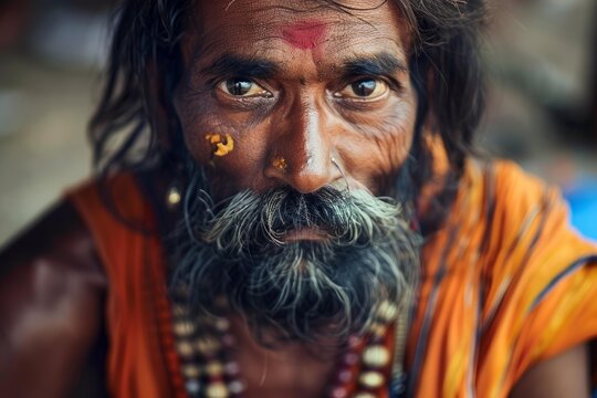 Portrait of a sadhu wearing orange robe and showing tilak mark on his forehead