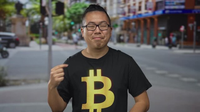 Young man wearing black bitcoin t shirt points finger to shirt on urban street while smiling and wearing glasses; crypto pride.