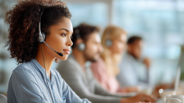 Woman working in call center, support, at modern office. Portrait of businesswoman with headset at her desk. Blurred background of colleagues. Business concept.