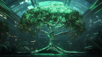 Bioluminescent tree in futuristic biodome with glowing lights