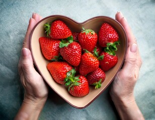 hands holding a bowl of heart shaped strawberries