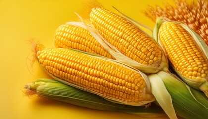 close up of ripe corn cobs with golden kernels against a vibrant yellow background