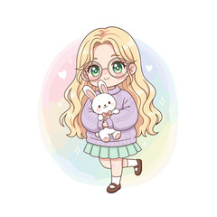 Charming Handdrawn Anime Girl Holding Bunny Plush Character Illustration