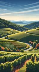 Fototapeta premium Rolling Hills Vineyard Landscape - A Serene Vista of Green and Blue.