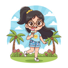 Cute Cartoon Style Girl Enjoying Ice Cream Cone Summer Time Illustration