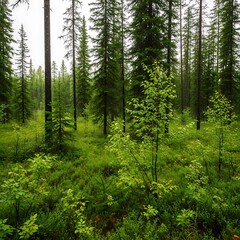 Obraz premium Lush Green Forest Scene with Tall Trees and Undergrowth.