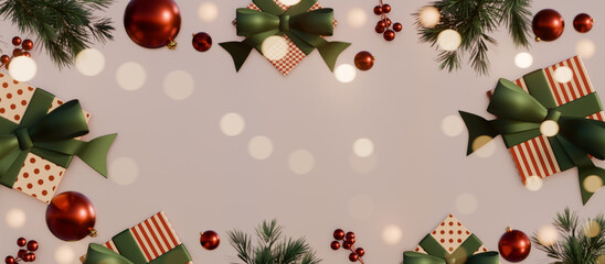 Christmas gift wrapping with festive decorations and baubles on a beige background. 3d rendering