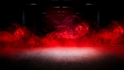 red smoke fills dark room abstract smoke effect against black background concrete floor empty scene ideal for product presentation or studio display dramatic and mysterious atmosphere