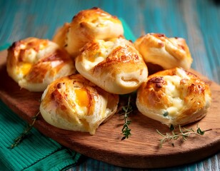 close up of cheesy pull apart bread rolls on wooden board