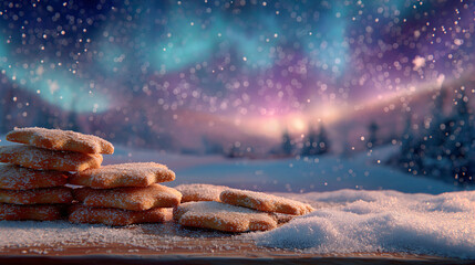 Delight in the warmth of the holiday spirit as gingerbread cookies sit on snowy ground, surrounded by a magical winter landscape. The night sky glows with auroras as snowflakes gently fall
