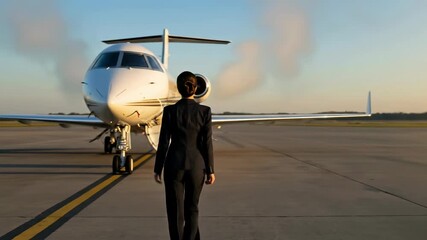Elegant businesswoman standing on airport tarmac at golden hour with a private jet in the background, exuding success and luxury travel. - Powered by Adobe