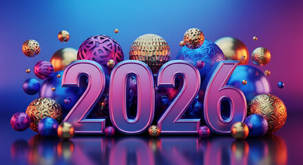 Shiny 2026 3D Numerals with Bokeh Lights and Spheres