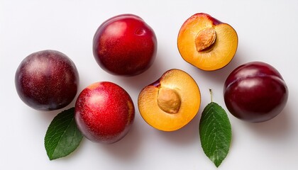 top view of fresh red plums with green leaves on a white background whole and halved fruits showcase vibrant colors