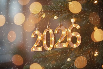 Golden 2026 hanging ornament on festive fir tree branch with twinkling lights, celebrating new year and Christmas