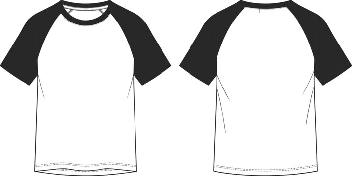 Short sleeve raglan t-shirt technical fashion sketch, front and back view, with contrast sleeves, diagonal seam, garment construction, apparel design template
