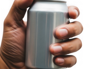 Close up of hand gripping a cold silver beverage can against a transparent background