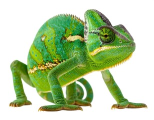 Obraz premium A green chameleon with yellow accents, curled tail, against a bright white background