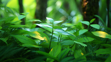 Obraz premium Lush green forest floor with vibrant leaves and dappled sunlight filtering through trees nature