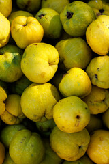 Ripe quince fruit, top view.cQuince background.