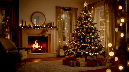 Cozy Christmas Living Room with Fireplace and Tree