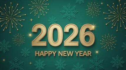 Golden 2026 text with fireworks and snowflakes on a teal background, celebrating the New Year.