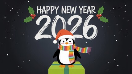 Happy New Year 2026 with a cute penguin wearing a Santa hat and scarf, standing on a gift box, with holly and stars in the background.