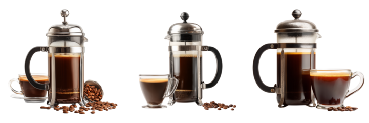 Set of Stainless steel French press coffee maker with reflections on transparent png background. Ai generated