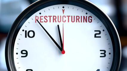 Restructuring that is going to happen soon, it is imminent. Incoming restructuring, approaching in the near future. Restructuring almost here. ,3d illustration