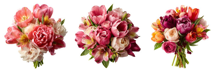 Set of Top view of a colorful spring flower bouquet on transparent png background. Ai generated