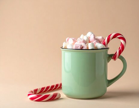 A green mug filled with marshmallows, flanked by red & white striped candy canes