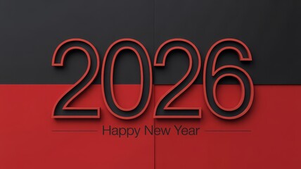 Happy New Year 2026 text with a modern design on a red and black background.