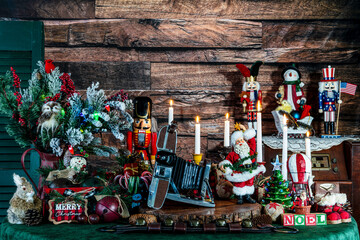 maximalist Christmas with vintage polaroid camera surrounded by retro Christmas decorations